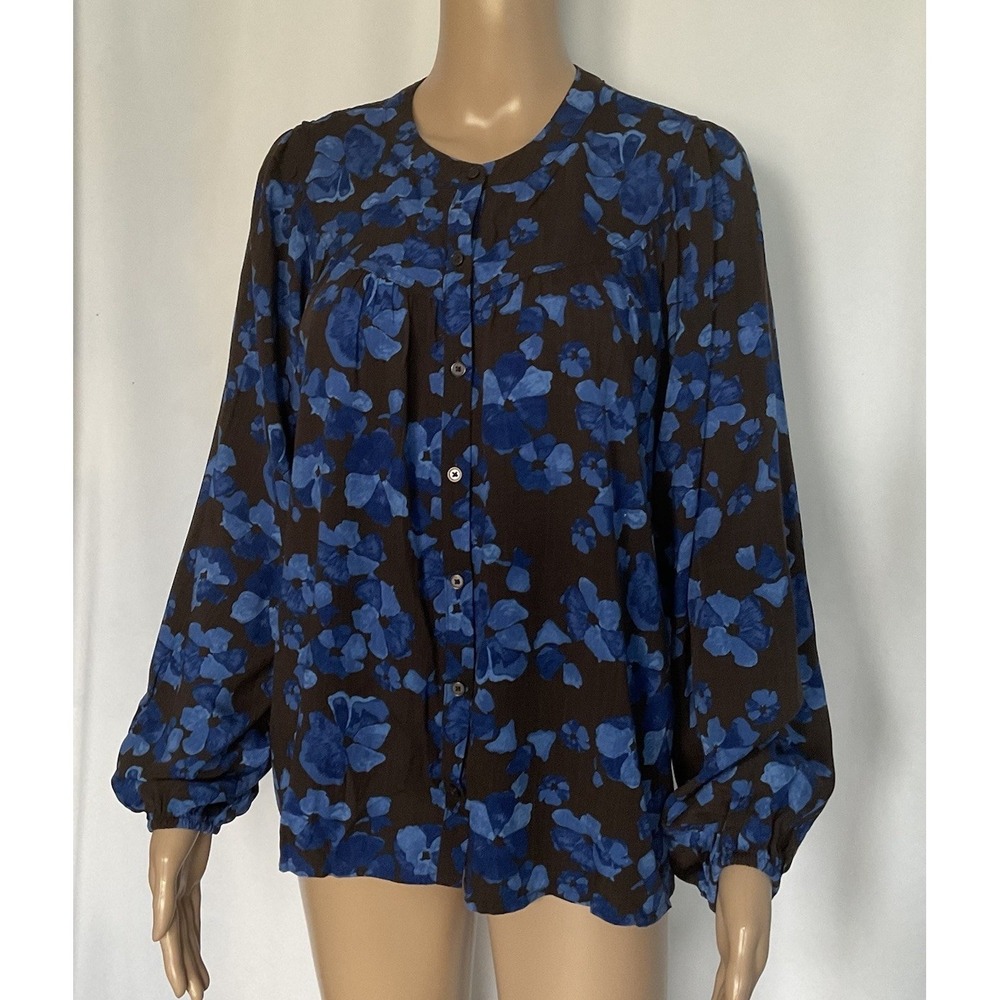 A New Day Women's S Blue Brown Floral Long Sleeve Button Front Top Sz Small